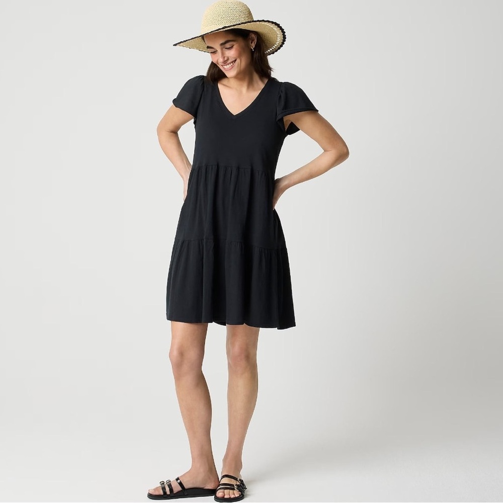 J. Crew Black V-Neck Tiered Dress